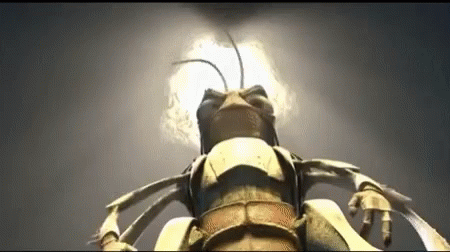 A mean grasshopper from A Bugs Life looking down