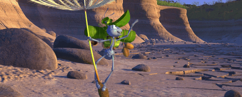 Flick from A Bugs Life waving goodbye and then crashing into a rock