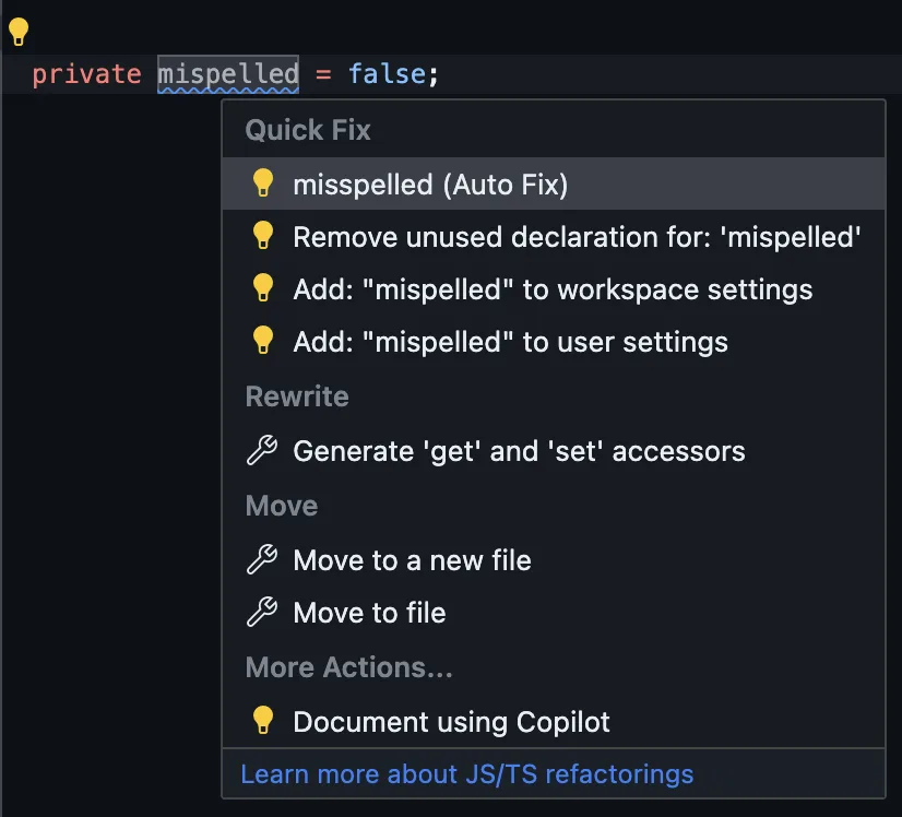 a screenshot of code spell checker adding a blue squiggly line under a misspelled word with the auto-fix popover open