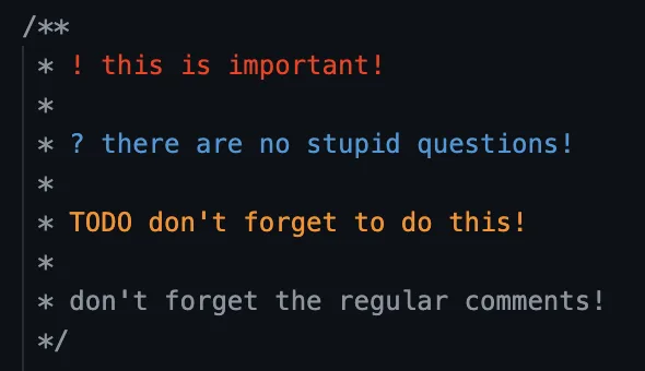 Several comments styled in different colors from the Better Comments extension