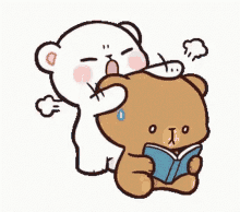 A teddy bear trying to get the attention of another teddy bear who is reading.