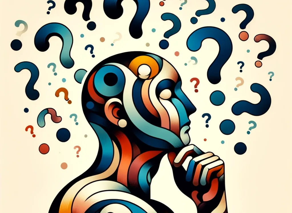 An abstract humanoid thinking about something with question marks over their head