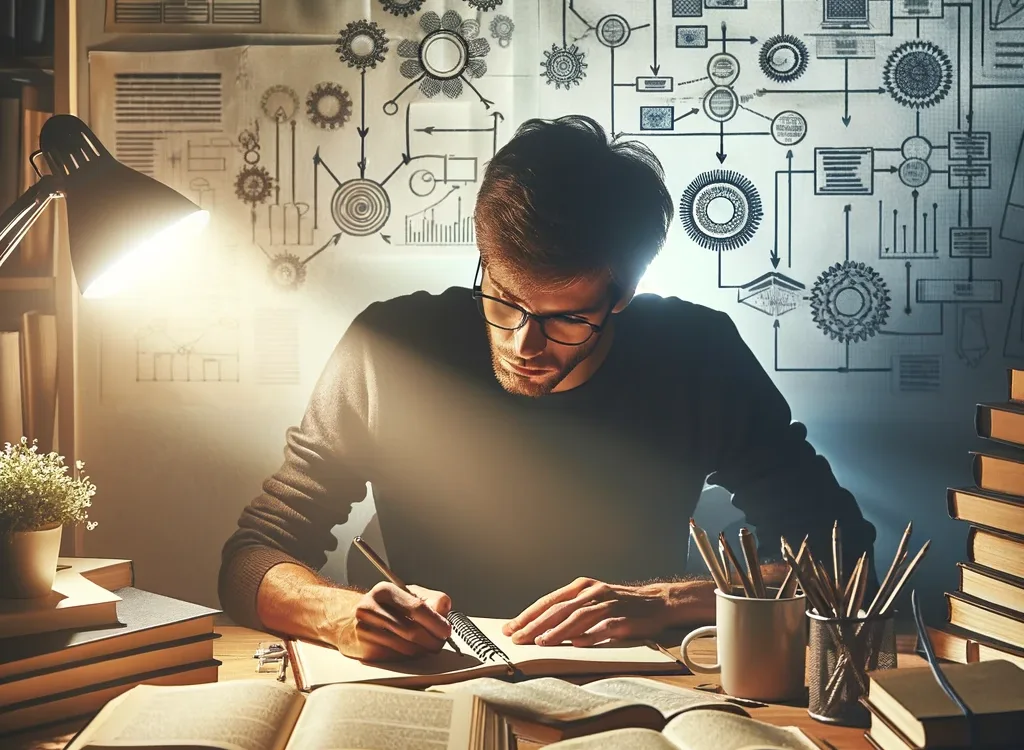 A person sitting at a desk writing how something is done