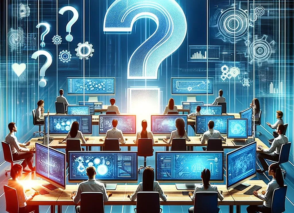 A team of people on computers wondering why something was done the way it was, with question marks filling a very large display in front of them