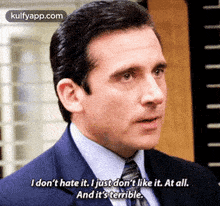Michael Scott from The Office saying, "I don't hate it. I just don't like it. At all. And it's terrible."