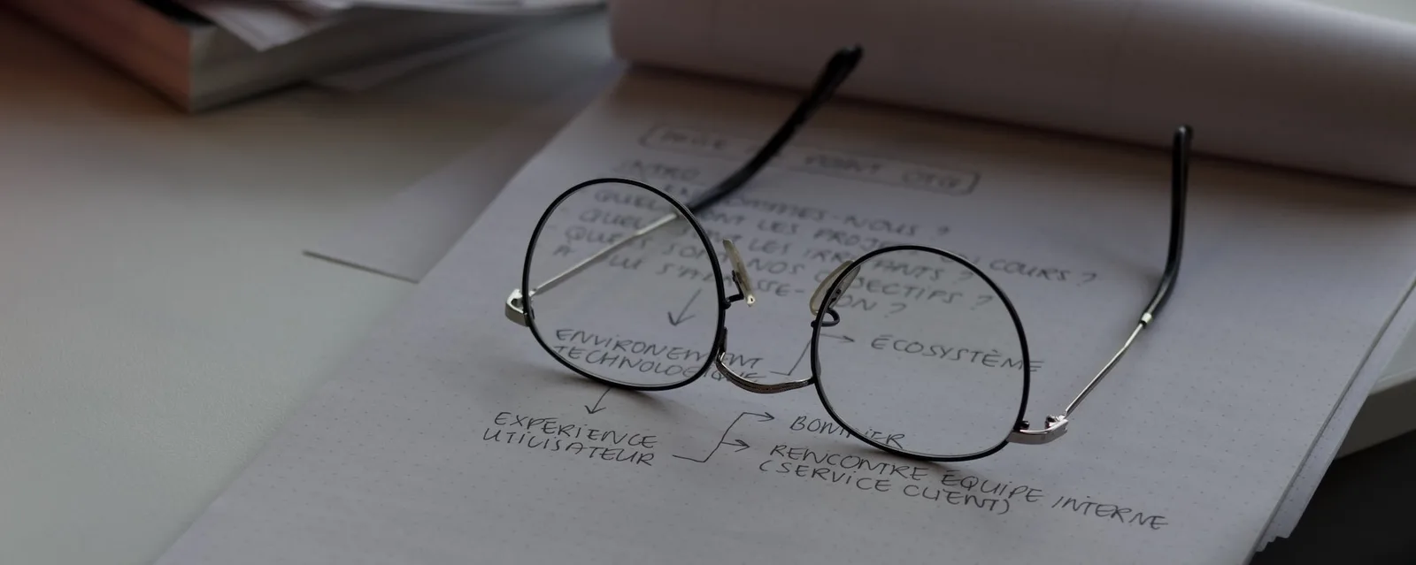Black framed glasses resting on top of a notebook with writing on it