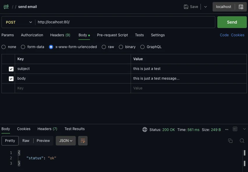 Screenshot of a Postman HTTP Request having been made with a url of http://localhost:80/, with body parameters: subject set to "this is just a test...", and body set to "this is just a test message...". The response is a JSON object with property: message set to "Everything looks good so far..."