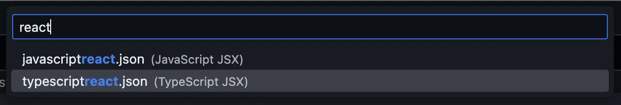 Screenshot of the User Snippets search with "react" entered, and "typescriptreact" highlighted